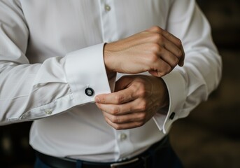 Buttoning a Shirt Cuff with Hands a Concept for Getting Dressed for a Business Meeting or a Formal Event