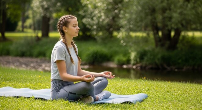 Teenage Girl Meditating Outdoors in Peaceful Nature Scene