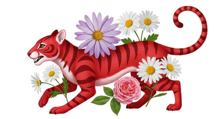 Isolated Red Tiger with Flowers