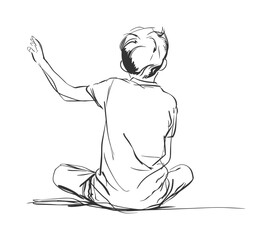 Rear View Line Drawing of Boy Sitting and Raising Hand – Minimal Sketch Style