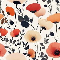 A seamless pattern with magical poppies, mesmerizing and vibrant. Art Deco meets modern luxury in this minimalist design, soft colors 