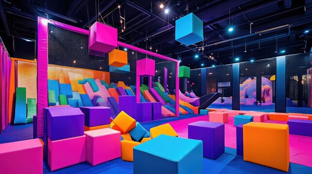 Bright indoor trampoline park with vibrant foam pit and obstacle elements