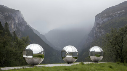 orbs levitating between cliffs with mist and magnetic fields visible in air