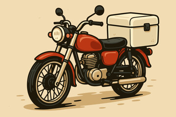 Obraz premium Retro delivery motorcycle with a white storage box for express shipping. Vintage red motorbike concept for courier service, food or parcel delivery. Classic transport vector illustration.