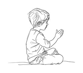 Minimal Line Drawing of a Seated Toddler in Side View with Outstretched Hand
