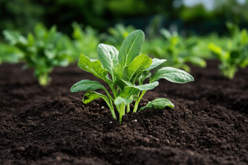 Young spinach plants growing in fertile soil on farm