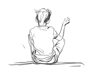 Sketch of a Boy Sitting Cross-Legged – Rear View Line Art with Raised Hand
