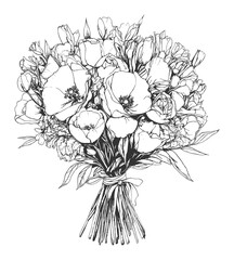 Fototapeta premium Hand-Drawn Flower Bouquet – Detailed Black and White Line Art Illustration 