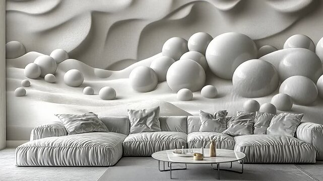 Abstract White Spheres and Waves Wall Mural in Modern Living Room