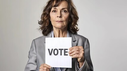 Elderly caucasian woman holding a vote sign promoting civic engagement and democratic participation, encouraging voting awareness and responsibility