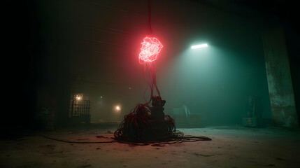 with glowing circuits tangled around twisted metal roots in a foggy industrial wasteland