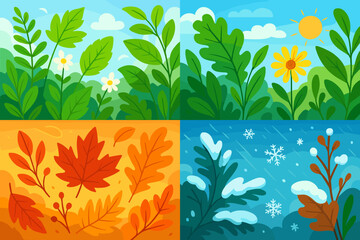 Four Seasons Nature Concept. Vibrant Foliage Collage. Spring Flowers, Summer Sun, Autumn Leaves, Winter Snow. Seasonal Weather Changes. Abstract Vector Cartoon Illustration. Nature Background Set