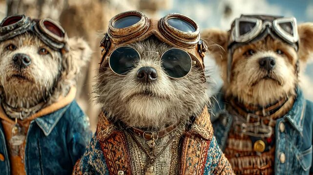 Three anthropomorphic dogs dressed in aviator gear and goggles pose confidently as if ready for an adventure