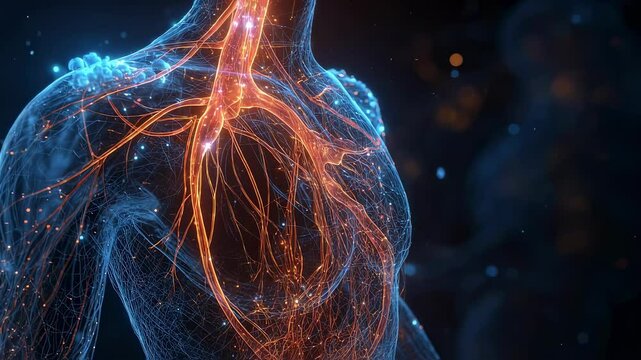 Medical visualization highlighting the lymphatic system and spleen, glowing with vibrant orange and blue hues, within the upper body of a transparent teenage figure