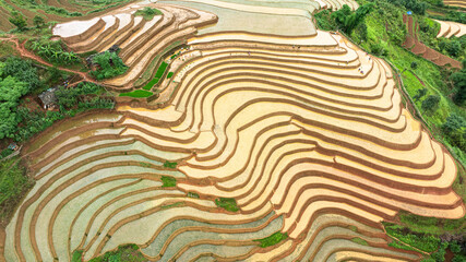 Water season flows into terraced fields and rice planting begins in Mu Cang Chai, Yen Bai. Photo...