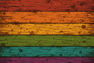 Colorful Grunge Wooden Planks Texture. Rustic Distressed Rainbow Wood Surface with Scratches, Stains, Splatter. Vintage Weathered Timber Background. Multicolor Cartoon Vector Illustration