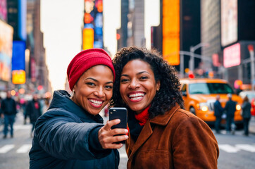 Happy Diverse Couple Laughing in Times Square NYC
