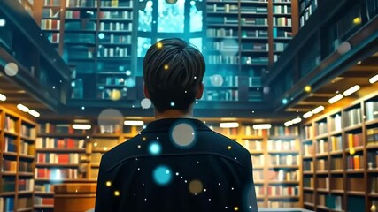 Man standing in enchanting library surrounded by glowing lights at night. concept of magic, knowledge, mystical ambiance, literary exploration