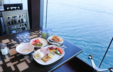 Dining Room Buffet aboard the abstract luxury cruise ship.