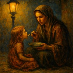 Mother Feeding Child Under Streetlight – AI Painting.