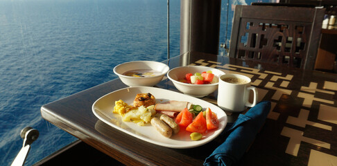 Dining Room Buffet aboard the abstract luxury cruise ship.