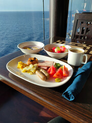 Dining Room Buffet aboard the abstract luxury cruise ship.