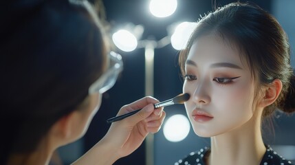 Japanese makeup artist applying elaborate eye makeup on female model. Professional beauty techniques and artistic craftsmanship. Professional makeup artist working on detailed eye makeup application.