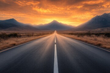 Fototapeta premium Empty road stretching into a dramatic sunset over mountains