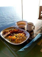 Dining Room Buffet aboard the abstract luxury cruise ship.