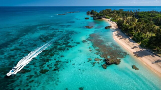 沖縄の海と白砂浜を捉えた夏の空撮風景
