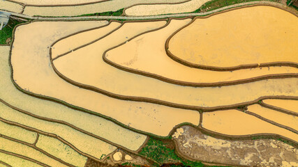 Water season flows into terraced fields and rice planting begins in Mu Cang Chai, Yen Bai. Photo...