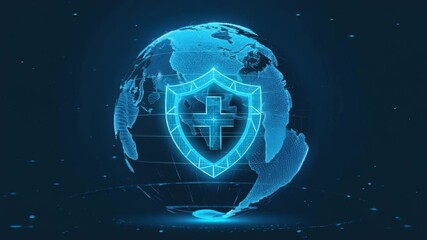 A digital globe with a shield and medical cross symbolizing global healthcare protection, medical technology, and digital health security systems. - Powered by Adobe
