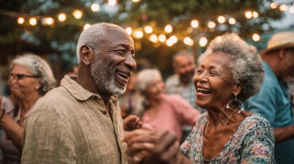 An outdoor backyard retirement celebration with older adults laughing, dancing, and sharing memories