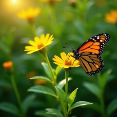 Fototapeta premium Monarch butterfly, brown and orange wings, sunlit yellow flower, lush green foliage , beauty, blossom