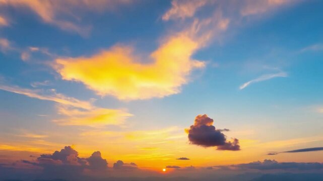 Golden Hour Sky Serenity: The sky is ablaze with colors as the sun dips below the horizon, with fluffy clouds brushed in gold and orange.
