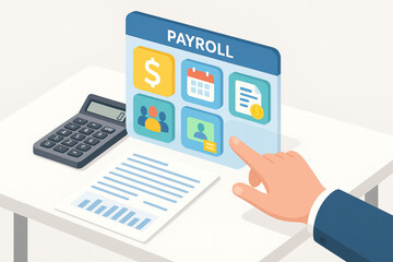 Payroll management concept with hand pointing on digital interface, calculator and financial document on desk, business accounting and salary calculation
