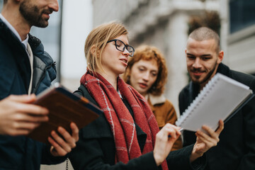 A team of colleagues brainstorming and collaborating in an urban setting, engaging closely through...