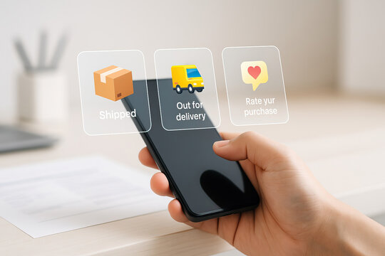Order tracking, delivery status, mobile phone, online shopping, package shipment, customer feedback, shipping notification, delivery truck, user interface, modern technology, e-commerce parcel.