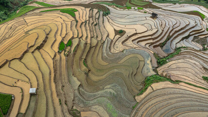Water season flows into terraced fields and rice planting begins in Mu Cang Chai, Yen Bai. Photo...