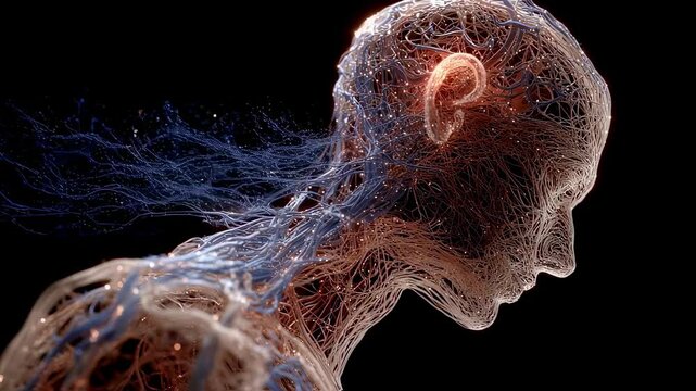 Medical visualization depicting a transparent human head and nervous system, highlighting the pineal gland, suggesting a connection with insomnia and other sleep disorders