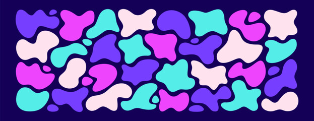 Vector set of liquid organic shapes, irregular forms. Color neon simple freeform or asymmetric blobs. Random deformed abstract figures, wavy spots, fluid amorphous splodges. Modern uneven amoeba blots