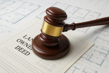 Land ownership deed with wooden gavel on architectural blueprints symbolizing legal property rights and real estate transactions in professional setting