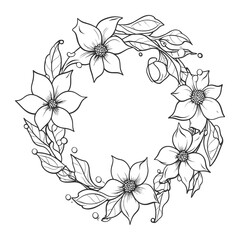 Hand Drawn Floral Wreath Outline — Botanical Circle Frame with Flowers and Leaves