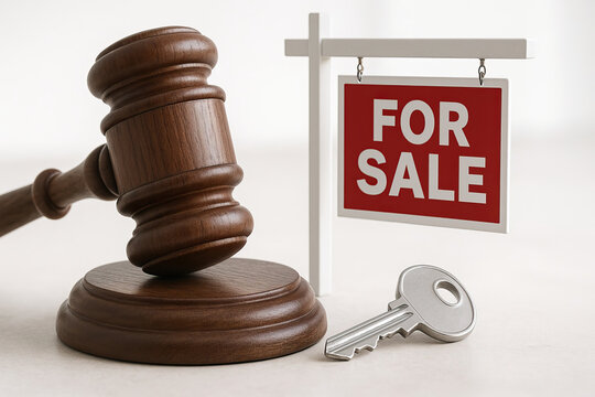 Wooden gavel with red for sale sign and silver key symbolizing legal aspects of property sale or real estate transaction in neutral background - Powered by Adobe