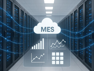 Cloud manufacturing execution system concept with data analytics and server room background showing digital connection and technology innovation