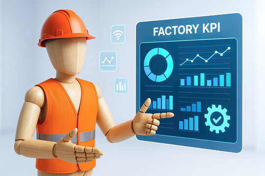Wooden mannequin wearing orange safety vest and helmet pointing at factory KPI dashboard with charts and graphs showing performance data and analytics