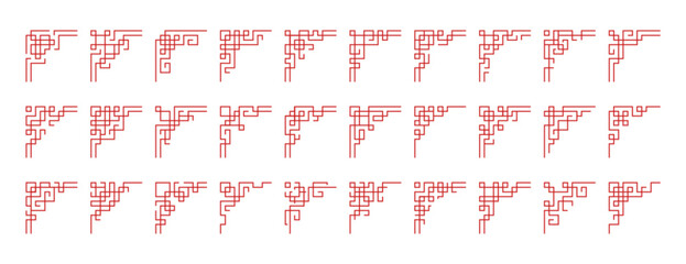 Chinese corners vector set. Red japanese border frames, asian vintage ornaments isolated on background. Traditional korean decorative elements or japan ancient line culture decoration for card, poster