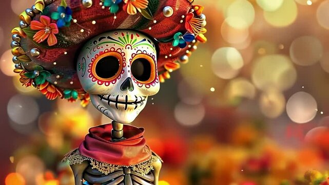Colorful day of the dead skeleton animation with marigold flowers on festive background. concept of mexican culture, vibrant skull art, dia de los muertos celebration, copy space