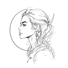 Elegant Woman Profile Line Art with Braided Hair and Moon Circle
