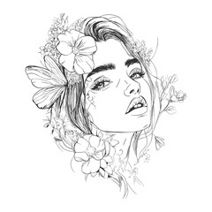 Hand Drawn Woman Portrait with Flowers and Butterfly Line Art Illustration